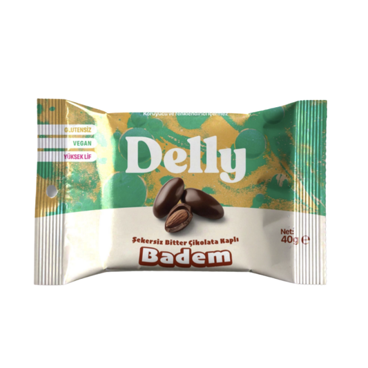 DELLY- Şekersiz- Bitter -Çikolata -Kaplı -Badem -40g