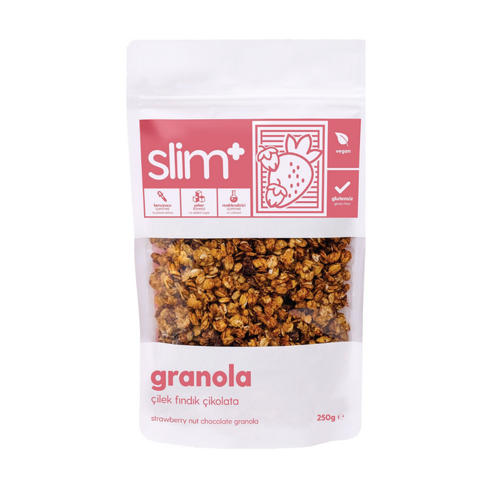 SLİMPLUS Çikolata Çilek Fındık Glutensiz İlave Şekersiz Vegan Granola 250g