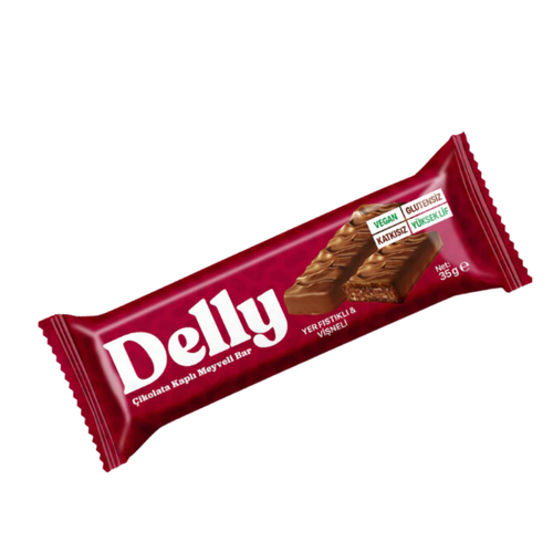 DELLY Çikolata Kaplı Yer Fıstıklı & Vişneli Meyveli Bar 35g