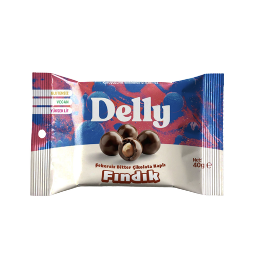 DELLY- Şekersiz- Bitter -Çikolata -Kaplı -Fındık -40g
