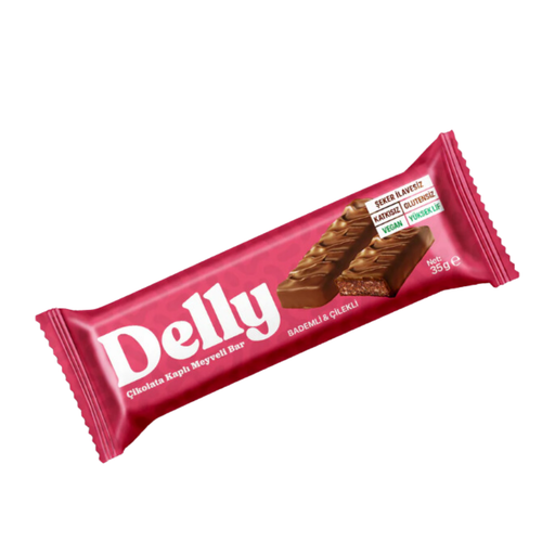 DELLY Çikolata Kaplı, Bademli & Çilekli Meyveli Bar 35g