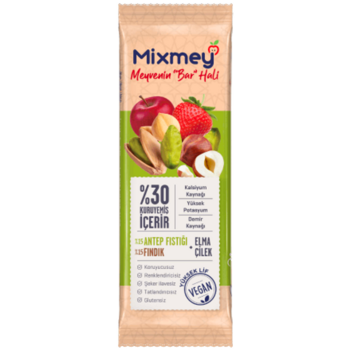 MİXMEY Çilek+Elma+Antep Fıstığı ve Fındıklı Meyve Bar 200g