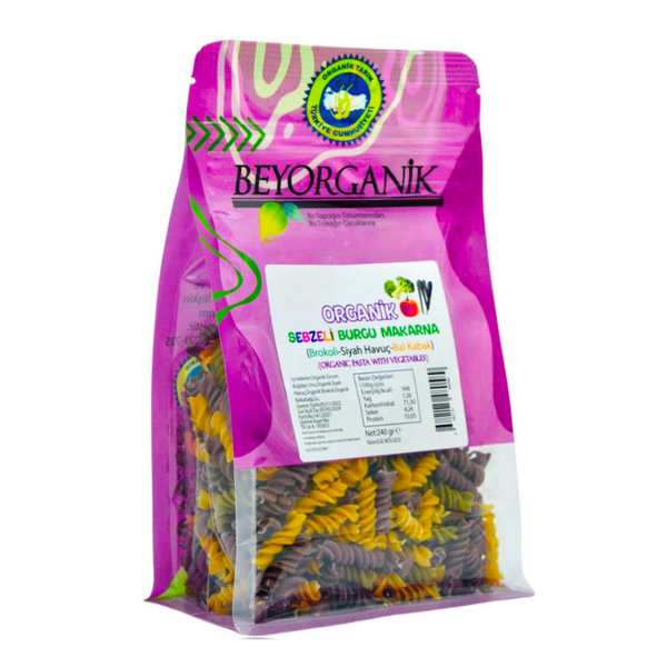 BEYORGANİK Organik Sebzeli Burgu Makarna Siyah Havuç-Brokoli-Balkabağı 240g