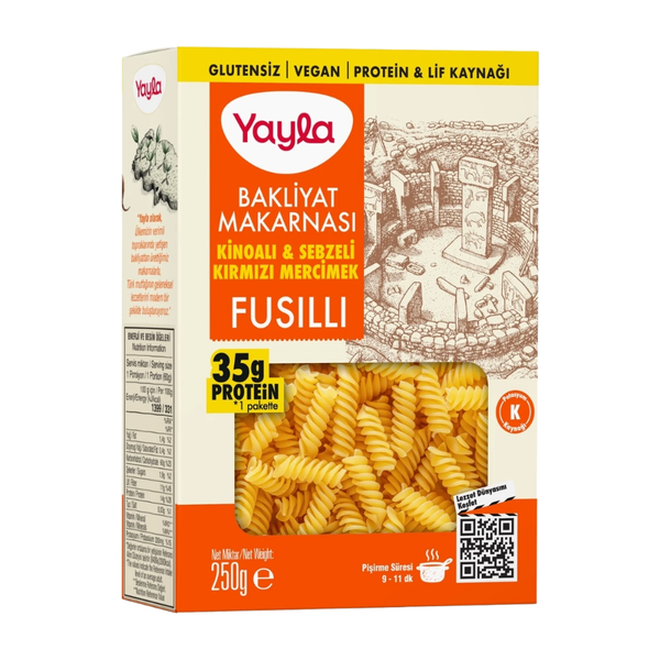 YAYLA Kinoalı ve Sebzeli Kırmızı Mercimek Fusilli Bakliyat Makarnası 250g