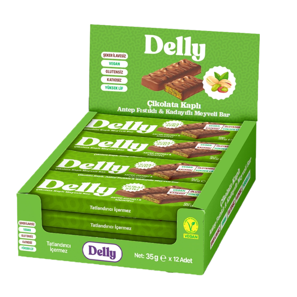 DELLY Çikolata Kaplı Antep Fıstıklı & Kadayıflı Meyveli Bar 35g x 12 Adet