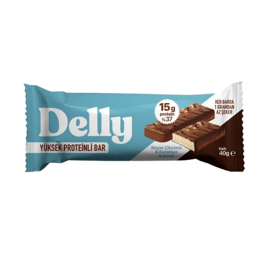 DELLY Beyaz Çikolata & Kurabiye Aromalı, Çikolata Kaplı, Yüksek Proteinli Bar 40g