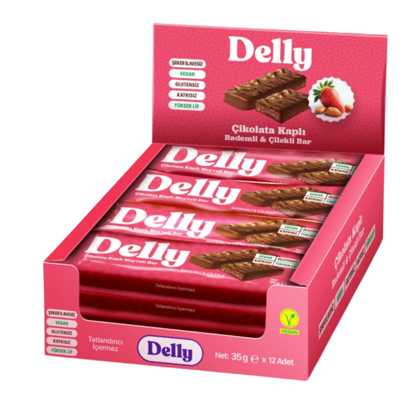 DELLY Çikolata Kaplı, Bademli & Çilekli Meyveli Bar 35g x 12 Adet