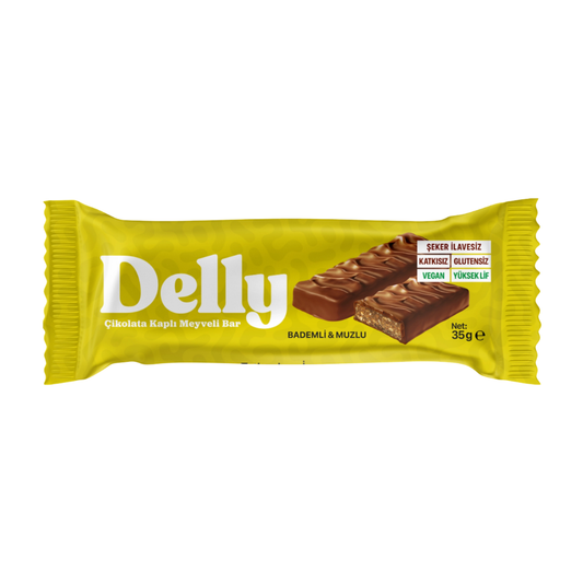 DELLY Çikolata Kaplı Bademli & Muzlu Meyveli Bar 35g