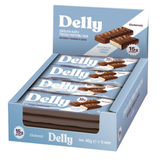 DELLY Çikolata Kaplı Beyaz Çikolata ve Kurabiye Aromalı Yüksek Proteinli Bar 12 Adet X 40g