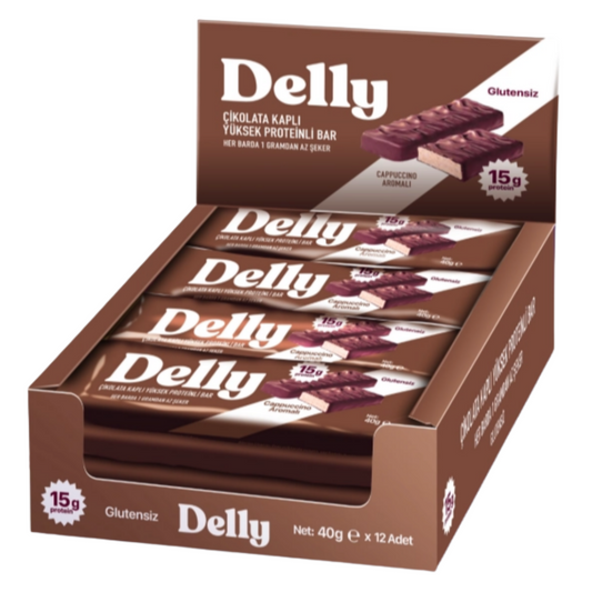 DELLY Çikolata Kaplı Cappuccino Aromalı Yüksek Proteinli Bar 12 Adet X 40g