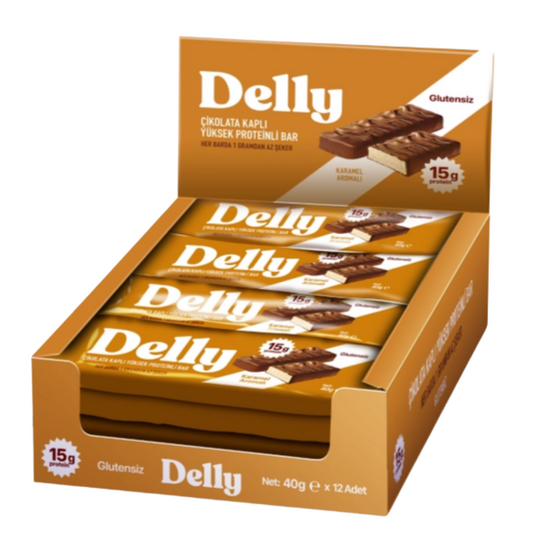 DELLY Çikolata Kaplı Karamel Aromalı Yüksek Proteinli Bar 12 Adet x 40g