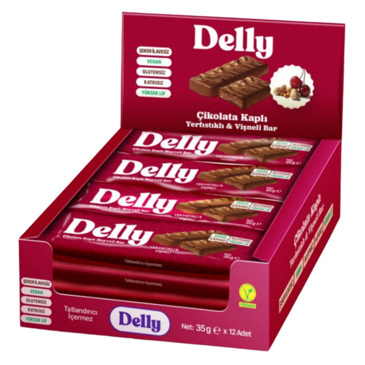 DELLY Çikolata Kaplı Yer Fıstıklı & Vişneli Meyveli Bar 12 Adet x 35g