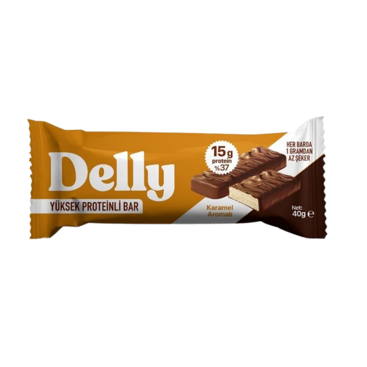 DELLY Çikolata Kaplı Yüksek Proteinli Bar - Karamel Aromalı 40g