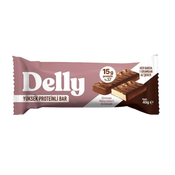 DELLY Çikolata Kaplı Yüksek Proteinli Bar - Orman Meyveleri Aromalı 40g