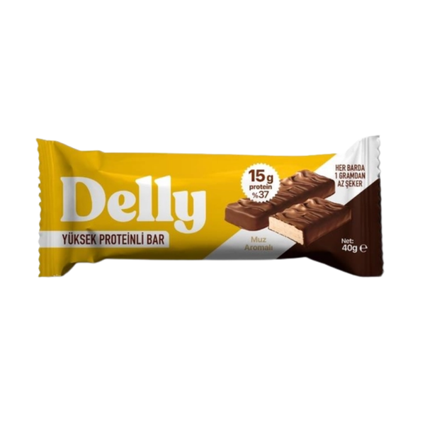 DELLY Muz Aromalı, Çikolata Kaplı, Yüksek Proteinli Bar 40g