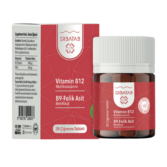 ERBATAB Vitamin B12 Folik Asit B9 Metilkobalamin Metilfolat 30 Tablet
