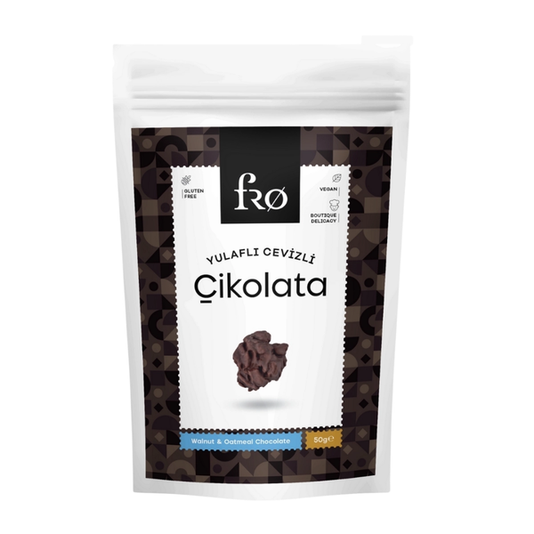 FRO Yulaflı Cevizli Çikolata Vegan Glutensiz Şekersiz Atıştırmalık 50g