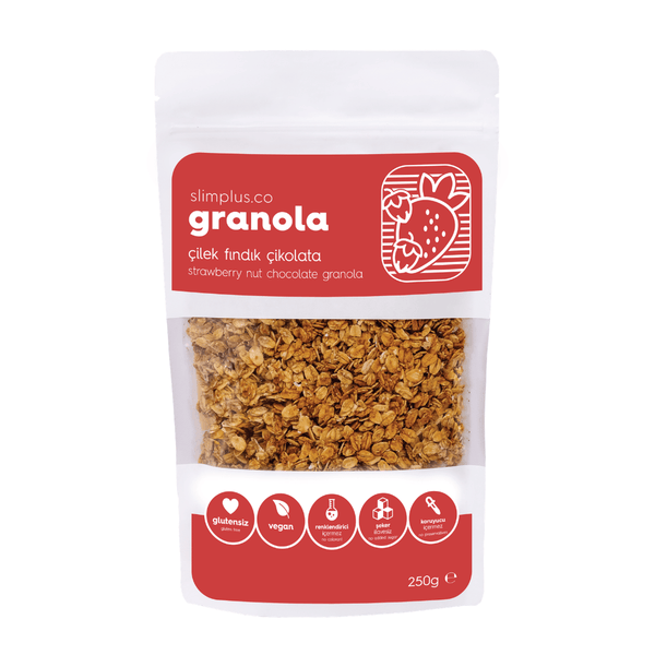 SLİMPLUS Çikolata Çilek Fındık Glutensiz İlave Şekersiz Vegan Granola 250g