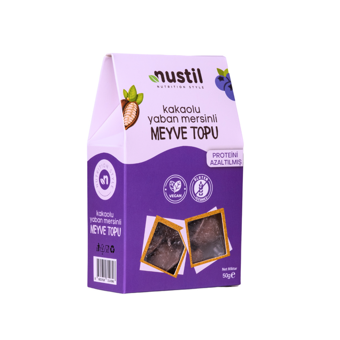 NUSTİL Proteini Azaltılmış Glutensiz Kakaolu Yaban Mersinli Meyve Topu 50g