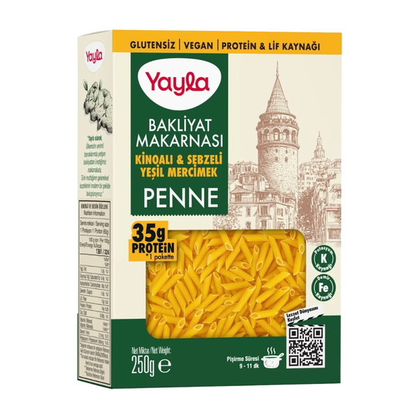 YAYLA Kinoalı ve Sebzeli Yeşil Mercimek Penne Bakliyat Makarnası 250g
