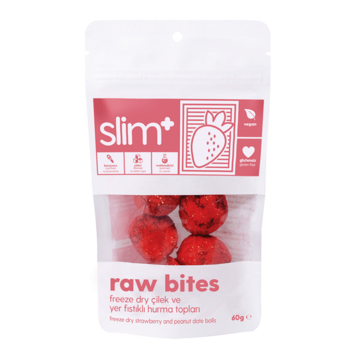SLİMPLUS Feeze Dry Çilek Kaplı Glutensiz Raw Bites Hurma Topları 60gr