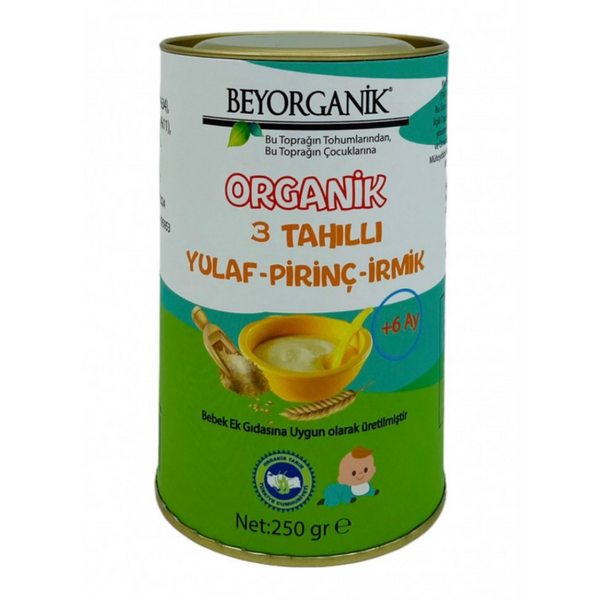 BEYORGANİK Bebek Ek Gıdası Organik 3 Tahıllı Yulaf Pirinç İrmik +6ay (250g)