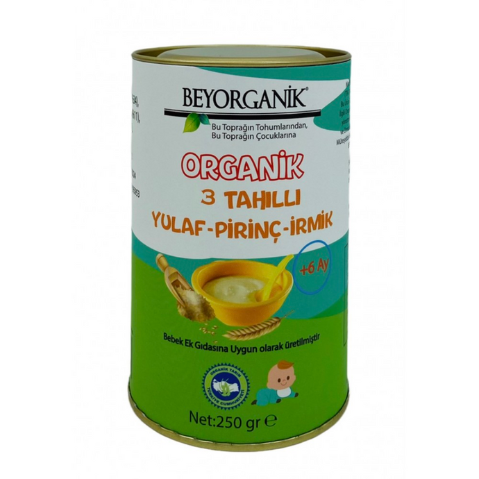 BEYORGANİK Bebek Ek Gıdası Organik 3 Tahıllı Yulaf Pirinç İrmik +6ay (250gr)