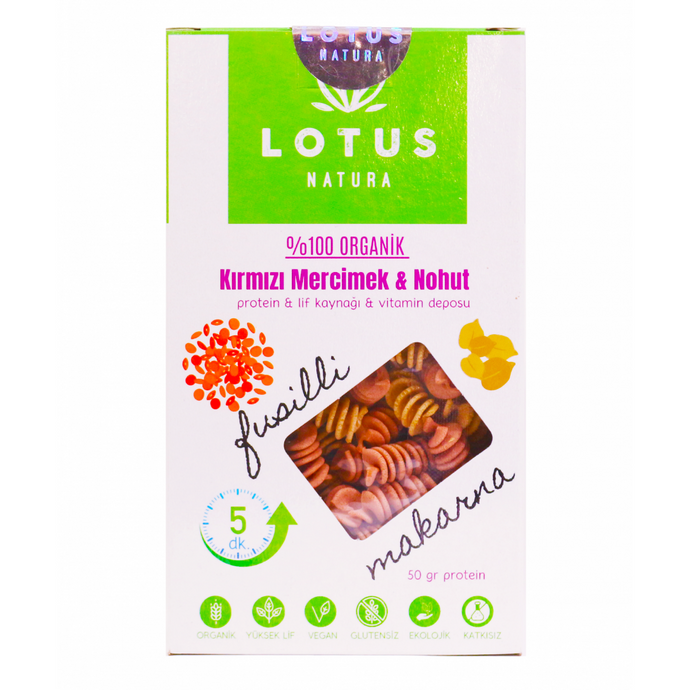 LOTUS NATURA Organik Kırmızı Mercimek & Nohut Makarna (Fusilli)